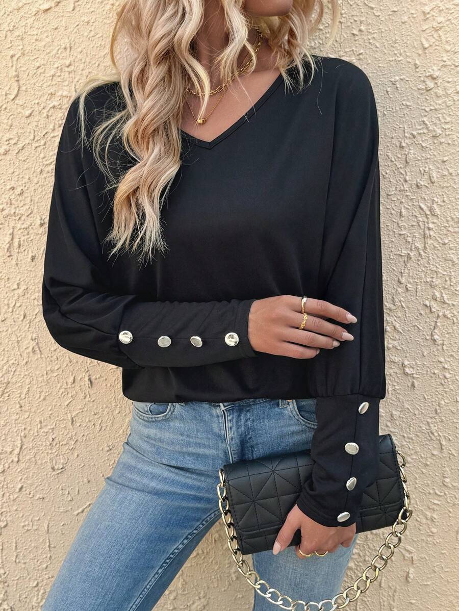SHEIN LUNE 女士鈕扣裝飾長袖t恤 - 黑色 - 查看 1
