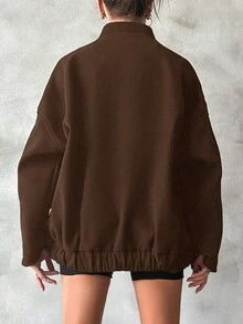 SHEIN Cottnline 斜口袋插肩袖花呢外套 - 咖啡棕 - 查看 2