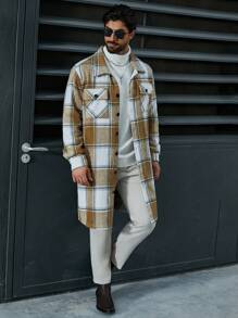 Manfinity Homme Men Plus Grid Pattern Mid-Length Woolen Coat - Yellow - View 5