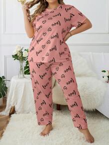 Plus Size Women Heart Letter Pattern Top & Pants Pajama Set - Coral Pink - View 4