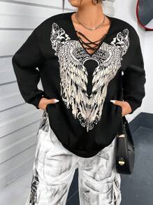 Flirla 大码女式翅膀印花落肩套头卫衣秋季卫衣 - 黑色 - 查看 7