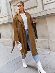 SHEIN Cottnline Plus Lapel Neck Belted Overcoat - Camel - View 5