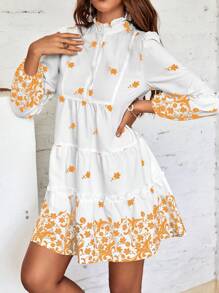 SHEIN Clasi Random Printed Long Sleeve Dress - Orange - View 1