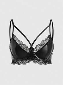 ROMWE Grunge Punk Women's Pu Leather Splice Lace Underwire Bra - Black - View 1