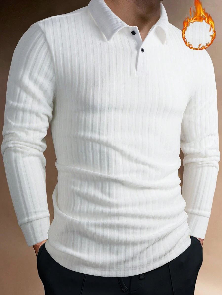 Manfinity Homme Men's Ribbed & Textured Long Sleeve Polo Shirt - White - View 1