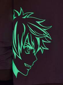 Manfinity RebelGame Loose Fit Men's Hooded Knit Sweatshirt With Reflective Japanese & Cartoon Character Print - Khaki - View 3