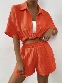 SHEIN Unity Women'S Drop Shoulder Shirt And Shorts Set - Orange - View 4