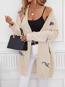 SHEIN Clasi Women's Leopard Pattern Drop Shoulder Front Open Long Sleeve Cardigan - Apricot - View 6