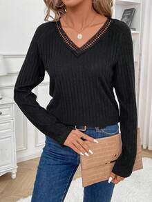SHEIN Frenchy Lace Trim Ribbed Knit T-shirt - Black - View 6