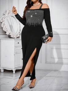 SHEIN Belle Women's Plus Size Rhinestone Decorated Off-Shoulder High Split Dress - Black - View 4
