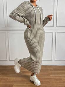 SHEIN Essnce Của phụ nữ áo có mũ Dây rút Sọc Đầm nỉ - Màu be - Xem 4