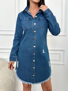EURMUSE 100% Cotton Women'S Ripped Distressed Denim Dress With Button-Front And Pockets - Medium Wash - View 4