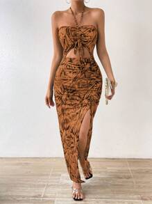 Breezaya Đầm Maxi Cổ Halter In Hình Cây Cối Cắt Ra Có Dây Rút Phía Trước Xẻ Đùi Trang Phục Đi Biển Cho Nữ - Màu Khaki - Xem 5