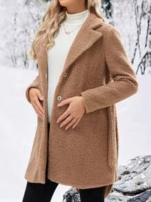 SHEIN 孕妇泰迪羊毛单排扣大衣，冬季 - 棕色 - 查看 4
