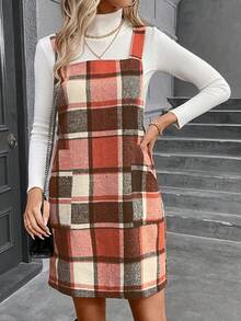 SHEIN LUNE 女士格紋修身背心裙,帶口袋 - 亮橙色 - 查看 3