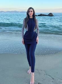 Swim Mulvari 女式無環連身泳衣隨機印花三件式 - 藏蓝色 - 查看 1