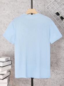 1pc Teen Boy Texture Fabric Round Neck Short Sleeve T-Shirt, Spring/Summer Casual Top - Baby Blue - View 2