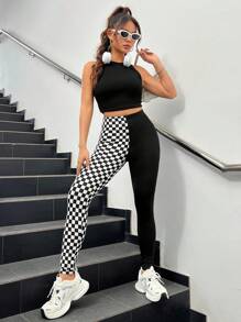 SHEIN EZwear 女用針織高腰休閒長打底褲 - 黑色 - 查看 5