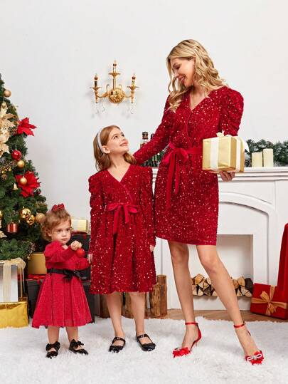 SHEIN Clasi 羊腿袖腰帶亮片洋裝