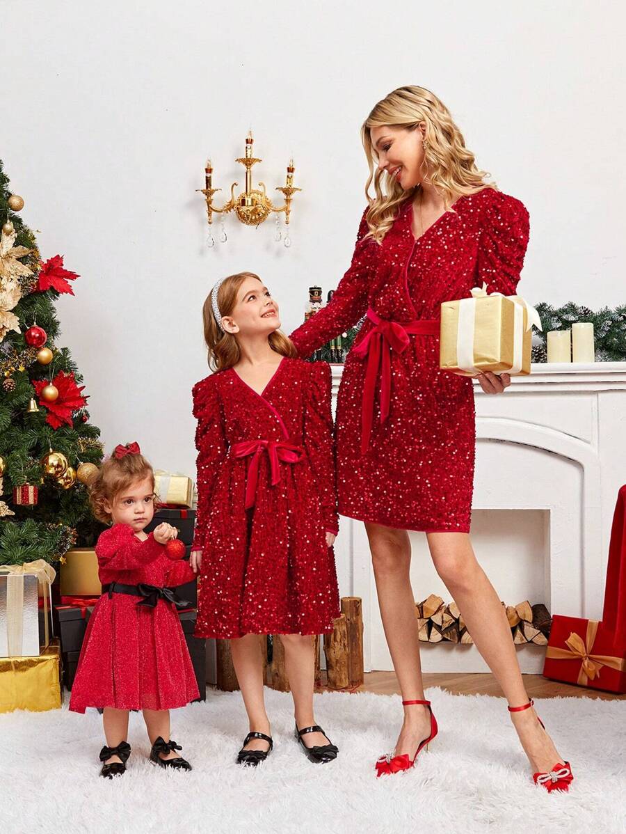 SHEIN Clasi 羊腿袖腰帶亮片洋裝 - 紅色 - 查看 1