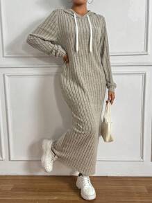 SHEIN Essnce Của phụ nữ áo có mũ Dây rút Sọc Đầm nỉ - Màu be - Xem 1