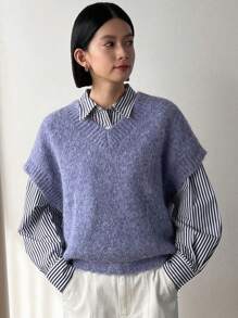 Dazy Designer Tím Không tay Cổ chữ V Áo len vest ( Không có áo sơ mi ) - Màu xanh lam - Xem 8