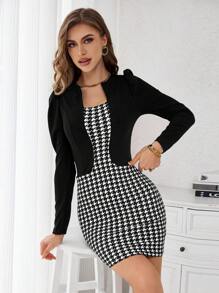 SHEIN Privé 女士千鸟格二合一紧身连衣裙 - 黑與白 - 查看 6