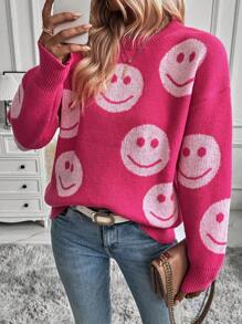 SHEIN LUNE Women's Cartoon Face Pattern Drop Shoulder Sweater - Pink - View 1