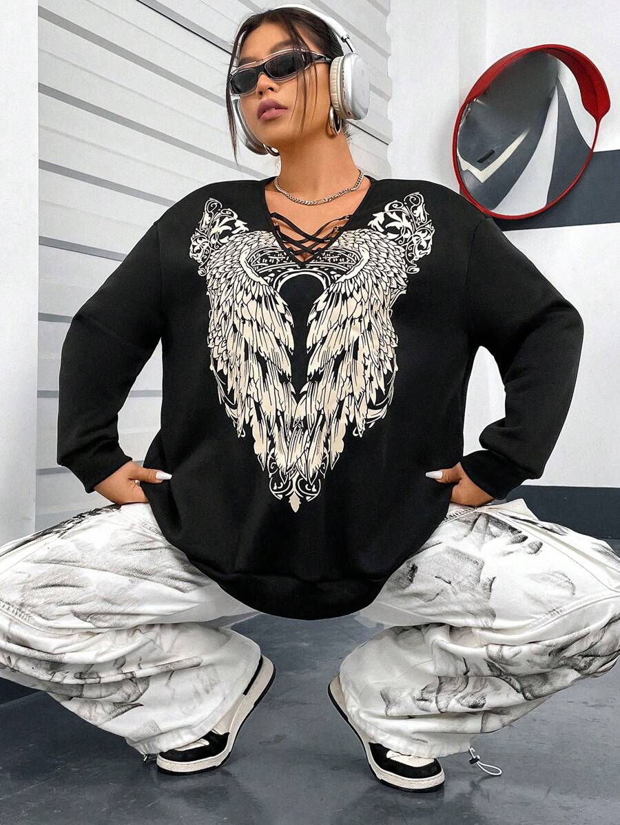 Flirla 大码女式翅膀印花落肩套头卫衣秋季卫衣 - 黑色 - 查看 1