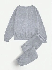 SHEIN EZwear Character & Letter Printed Sweatshirt With Top And Bottom Outfits Set, 2pcs - Grey - View 2