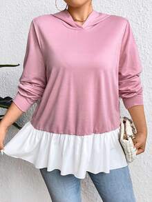 SHEIN Clasi 大码撞色荷叶边下摆套头卫衣，秋季卫衣 - 粉色 - 查看 5