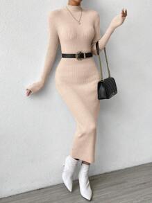 Chiquease Mock Neck Ribbed Knit Bodycon Sweater Dress - Apricot - View 3