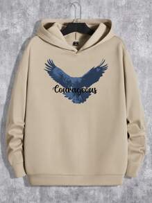 Manfinity Hypemode Men's Hooded Sweatshirt And Pants Set With Eagle And Letter Print, Plus Size - Khaki - View 5