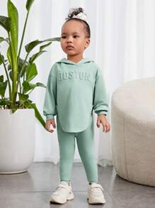 SHEIN Baby Girl Casual Hooded Long Sleeve Top & Pants In Grayish Green With Letter Embossing