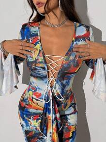 Allurite Women's Printed Crossed Strap Bodycon Dress - Multicolor - View 1