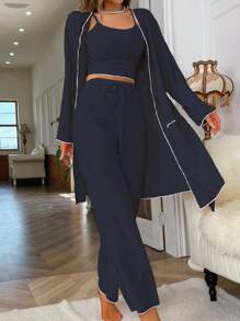 Women's Long-Sleeved Belted Robe And Cami Top & Long Pants Home Wear Set Outfit - Navy Blue - View 5