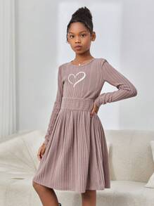 SHEIN 女孩時尚針織純色圓領長袖連衣裙,適合外出活動 - 橘色 - 查看 1