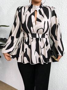 SHEIN Clasi 大码女式印花缺口领灯笼袖衬衫荷叶边上衣 - 杏色 - 查看 5