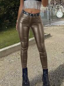 Apperloth A 高腰保暖内衬PU皮紧身七分裤，朋克音乐节 - 卡其色 - 查看 4