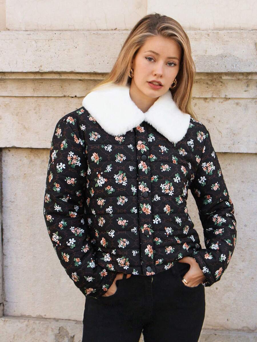 SHEIN Frenchy 女式撞色花卉印花翻领夹棉大衣 - 彩色 - 查看 1