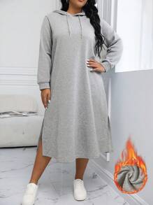 Calvaya 大码休闲抽绳连帽侧开衩抓绒卫衣，秋冬款 - 灰色 - 查看 1