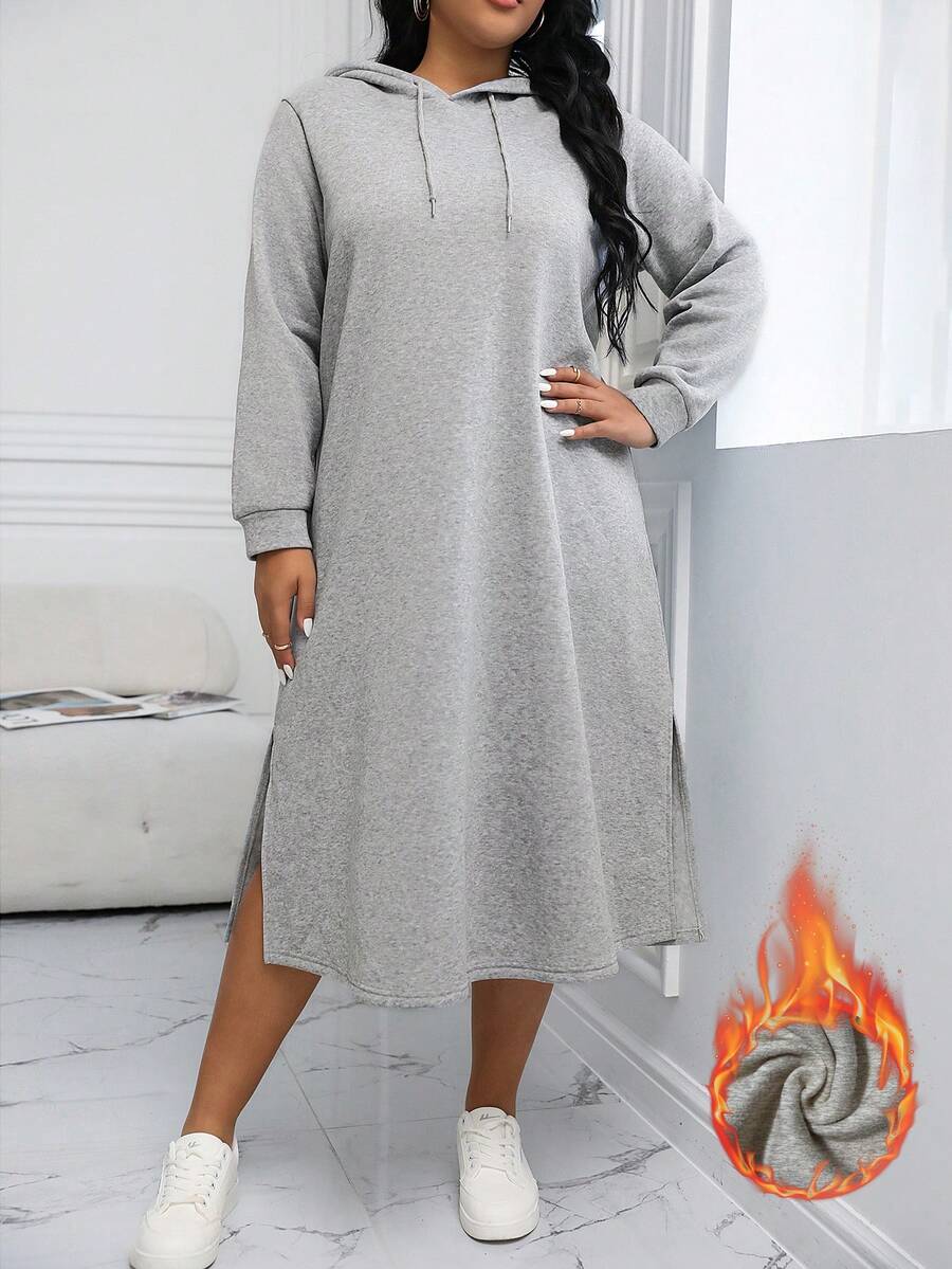 Calvaya 大码休闲抽绳连帽侧开衩抓绒卫衣，秋冬款 - 灰色 - 查看 1