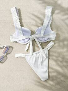 SHEIN Swim Women's Solid Color Lace Edge Decorated Two-Piece Bikini Set Summer - White - View 3