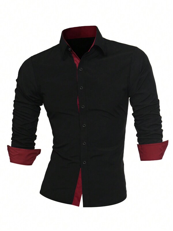 قميص كاجوال طويل الأكمام بأزرار وألوان متباينة للرجال