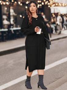 Celure Plus Size Women' Cable Knitted Sweater Dress With Double Pockets - Black - View 5