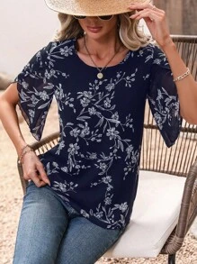 SHEIN LUNE Floral Print Petal Sleeve Blouse - Navy Blue - View 7