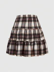 ROMWE Kawaii Apricot & Brown Plaid A-line Skirt With Ruffled Hem - Coffee Brown - View 2