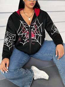 Flirla Plus Size Hooded Spider Web Print Sweatshirt - Black - View 1