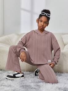 SHEIN Cô gái Ấm áp Mùa Đông Dệt kim Hoodie Và Quần ống loe Bộ Với Lá thư & Patch Đồ trang trí - Lạc đà - Xem 6