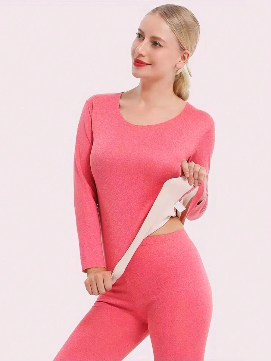 女款加厚雙面拉絨保暖內衣套裝 - 西瓜粉 - 查看 1